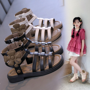 。夏天凉鞋女款2024新款儿童女童罗马夏季韩版蝴蝶结高帮外穿露趾