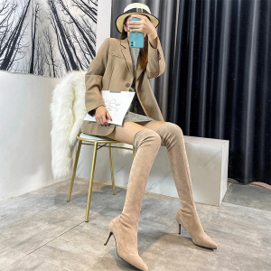 绒面过膝长筒靴女高跟弹力超细跟百搭小个子尖头浅色长靴杏色