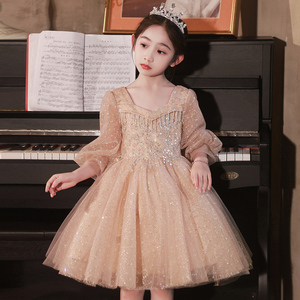 女童晚礼服高端儿童主持人钢琴演出服长袖小女孩花童公主裙蓬蓬纱