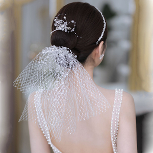 新款韩式超仙梦幻亮银色短头纱领证造型新娘婚纱礼服写真影楼配饰