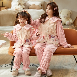2023韩版新款冬季母女睡衣女士加厚坑条法拉绒儿童保暖套装甜美女