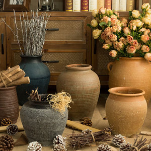 粗陶陶罐花瓶摆件花盆客厅美式复古瓶子创意做旧仿古土陶盆插干花