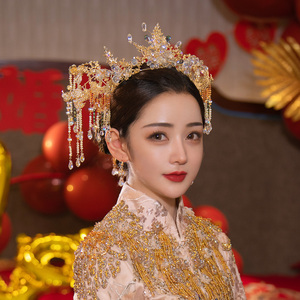 秀禾服中式新娘头饰古装金色精致华丽金色凤冠结婚龙凤褂发饰套装
