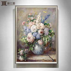 美式挂画纯手绘油画玄关古典花卉花瓶欧式装饰画餐厅客厅壁画复古