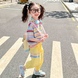 女童夏季短袖套装2024新款洋气女宝宝时髦运动儿童两件套夏装彩虹