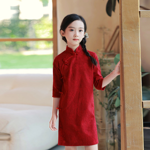 女童旗袍春夏红色长袖中国风儿童改良蕾丝旗袍连衣裙中式礼服唐装