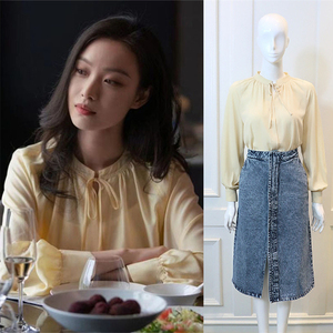 tuxee流金岁月倪妮同款绑带衬衣半身裙2021夏季高腰开叉牛仔裙女