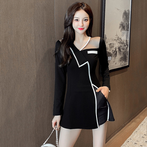 黑色连衣裙套装夜场上班工作服显瘦气质两件套足疗女技师衣服秋装