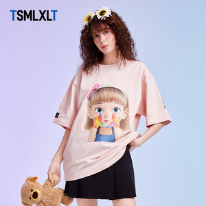 【亲子装】TSMLXLT夏季新款粉色圆领短袖TT潮牌女情侣装T恤母女装
