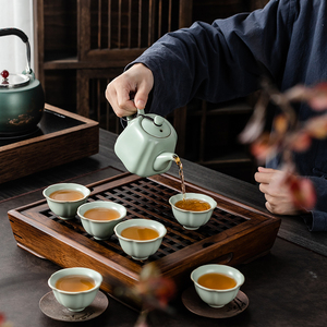 汝窑一壶2杯茶具陶瓷茶壶旅行6人便捷套装简约会客室泡茶杯开片纹