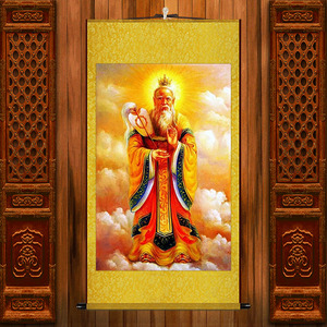 金冠太上老君手持仙丹拂尘芭蕉扇挂画三清道祖道教装饰丝绸卷轴画