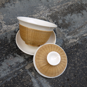 成都非遗手工竹丝扣瓷茶杯瓷胎竹编盖碗功夫茶具非遗特色三才盖碗