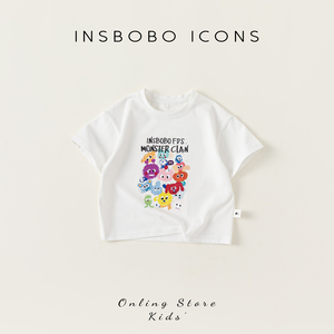 INSbobo儿童T恤涂鸦印花男童夏装2024新款时尚活力女童短袖可爱