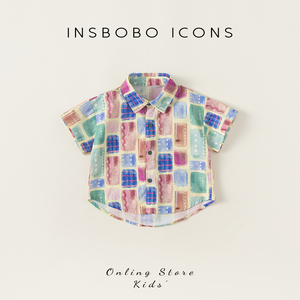 INSbobo男童短袖衬衫彩色印花女童衬衣外套宽松休闲儿童夏装新款