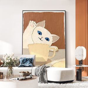手绘油画客厅装饰画肌理猫咪治愈系大幅落地挂画沙发背景墙壁画