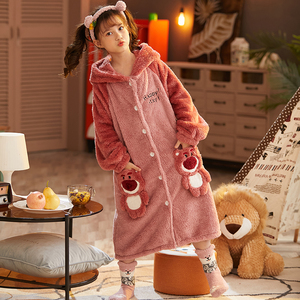 儿童浴袍珊瑚绒睡袍法兰绒秋冬季女童连帽睡裙小女孩纽扣宝宝睡衣
