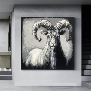 纯手绘客厅油画抽象美式现代动物大角山羊装饰画玄关走廊餐厅挂画