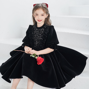 儿童黑色晚礼服生日公主裙蓬蓬纱女童高端主持人小女孩钢琴演出服
