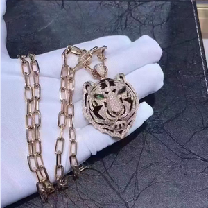 18k玫瑰金白金卡地亚虎头项链黑陶瓷镶钻满钻锁骨链戒指耳钉手镯