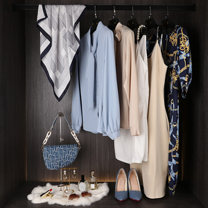 样板房衣帽间衣服女士礼服蓝色轻奢衣柜展示丝巾饰品摆件软装组合