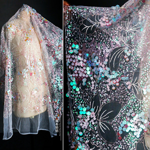 粉色水晶葡萄亮片网纱 欧根纱梦幻仙女创意绣片婚纱礼服设计布料