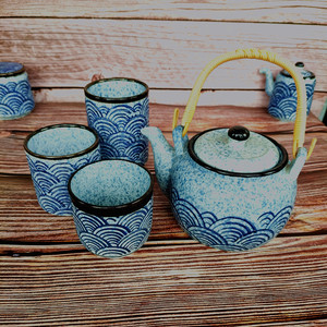 日式陶瓷茶壶 手绘海浪纹酒壶 泡茶器 提梁单壶 酒杯 和风手提壶