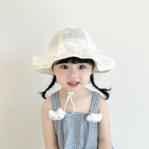 女宝宝帽子春夏薄款儿童渔夫帽可爱公主蕾丝防晒帽夏季遮阳帽甜美