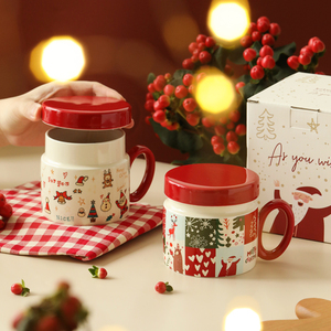蓝莲花手绘圣诞盖杯礼盒陶瓷咖啡杯高颜值女生设计感小众杯子网红