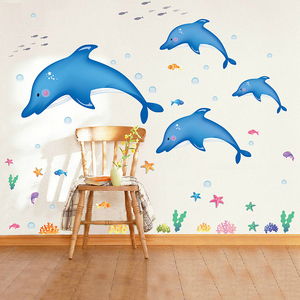 可爱海豚鱼墙贴夏日卡通儿童房浴室海洋馆贴画墙纸防水可移除环保