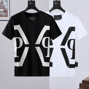 夏季23新款pp男装修身烫钻字母qp菲利普半袖纯棉t恤潮流短袖衣服