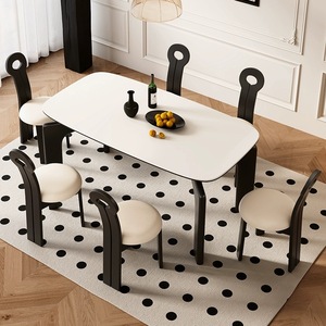 中古风岩板餐桌网红大象腿家用小户型长方形复古奶油风纯实木饭桌