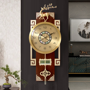 新中式黄铜挂钟表家用客厅装饰时钟万年历2024轻奢静音电波挂钟表