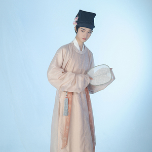 君陈宋制窄袖圆领袍青年公子情侣粉色暗花纱春季男装汉服-琳琅