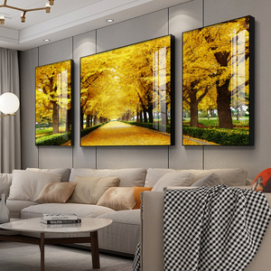 现代简约沙发背景墙客厅装饰画黄金大道三联挂画轻奢大气晶瓷壁画