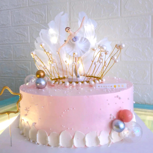 网红粉色芭蕾舞女孩蛋糕摆件纱裙公主珍珠皇冠插件生日甜品台装扮