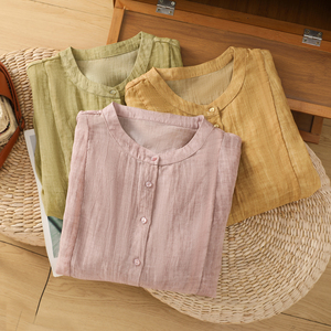 日系高端外贸出口尾单棉麻上衣女装夏季大码宽松百搭纯色亚麻衬衫