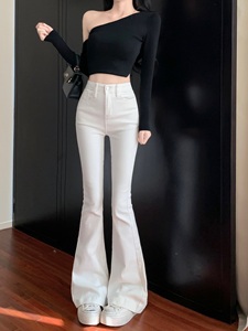 白色微喇叭牛仔裤女夏季设计感高腰弹力修身裤子直筒拖地马蹄长裤