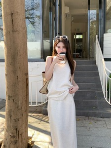 韩版无袖背心上衣女夏季休闲时尚套装高腰开叉半身裙子长裙两件套