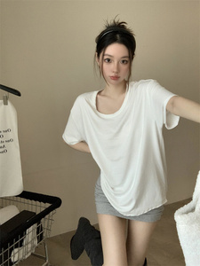 韩版白色短袖T恤女装夏季2024新款宽松基础款打底衫百搭休闲上衣