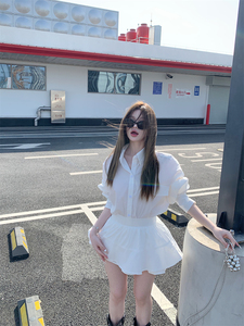 韩系穿搭套装白色polo领长袖衬衫上衣女夏季高腰半身裙气质两件套