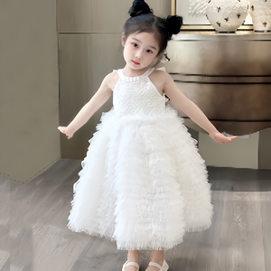 女童白色蛋糕裙高端儿童气质公主礼服蓬蓬裙钢琴六一演出生日裙子