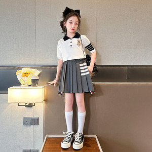 韩国女童连衣裙夏装洋气新款儿童夏季短袖学院风百褶裙两件套裙子