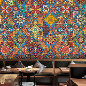 彩色摩洛哥墙贴花纹风格墙纸波西米亚沙发背景墙餐厅民宿酒店贴画