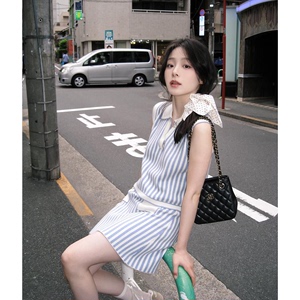韩系时尚穿搭套装女夏季蓝色条纹针织无袖背心半身裙学院风两件套