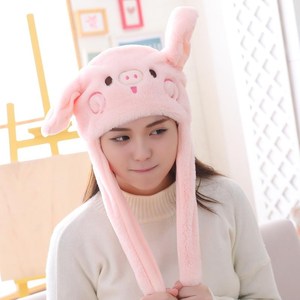 创意女童儿童独角兽耳朵会动的帽子粉猪保暖猪猪跳动玩具宝宝学生