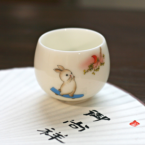 手绘兔子陶瓷茶杯花瓣主人杯家用品茗杯喝茶水杯子白瓷泡茶子茶碗