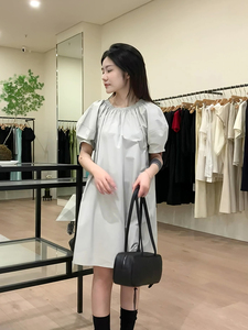 韩系夏季新款时尚圆领系绳泡泡袖连衣裙女装褶皱收腰短袖中长裙子