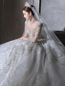 法式长袖白色婚纱2023新款新娘重工奢华高级质感大拖尾高端主纱女