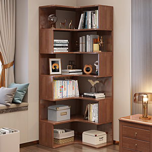 实木转角书柜拐角墙角柜书架落地组合多层置物实木客厅简易三角柜