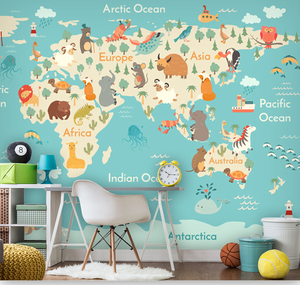 卡通动物世界地图墙纸壁画卧室儿童房壁纸全屋定制背景墙环保壁画